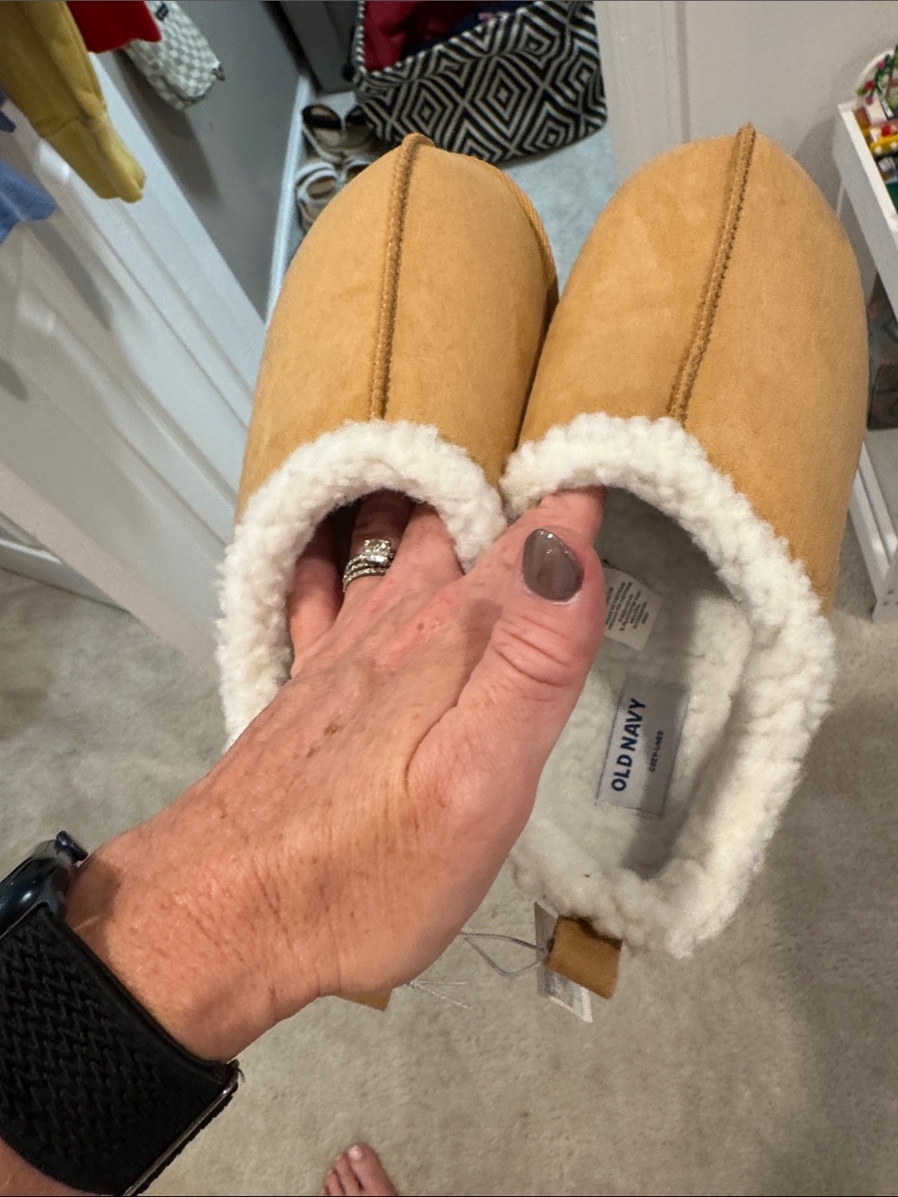 Old Navy Tan Faux-Suede Sherpa-Lined Slip-On Slippers